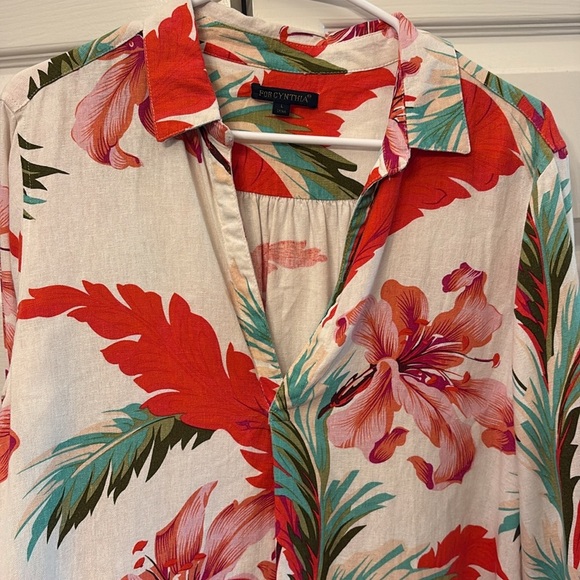 For Cynthia Red and White Floral Linen Blend Tunic or Dress / Size Large - Picture 2 of 7